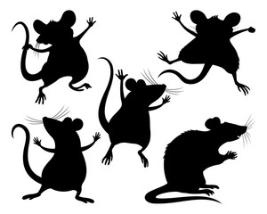 Wall Mural - Set of black rats and mice on a white background.