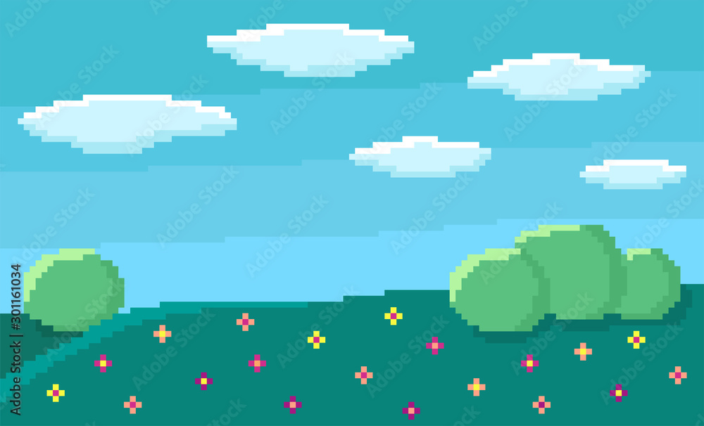 Pixel art game background with blue sky and clouds, green hills with ...