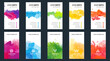 Big set of bright colorful vertical business card template with vector watercolor background