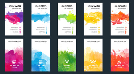 Wall Mural - Big set of bright colorful vertical business card template with vector watercolor background