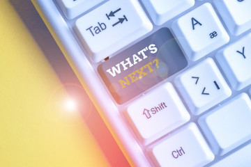 Text sign showing What S Next Question. Business photo text asking demonstrating about his coming actions or behaviors White pc keyboard with empty note paper above white background key copy space