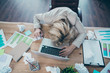 © deagreez - High angle above view photo of business lady head lying on desk listen online report crumple papers awful corporate situation sit chair formalwear blazer workplace office