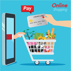 Online shopping e-commerce concept. business order item store online on smartphone,tablet and Pay by credit card quick and easy.Can used for infographic,web advertising.Market vector illustration