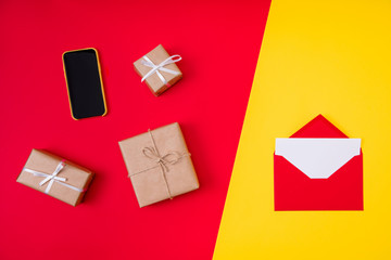 Wall Mural - Top above high angle view photo of gift boxes letter cellphone composition winter tradition season shopping sales concept lay isolated over bright shine color background