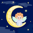 Cute blond hair girl angel sitting on moon at night among clouds and stars. Xmas Christianity religion vector stock illustration for kids