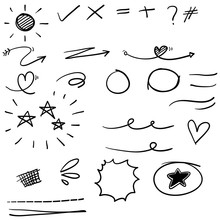 Hand Drawn Set Elements, Black On White Background. Arrow, Heart, Love, Speech Bubble, Star, Leaf, Sun,light,check Marks ,crown, King, Queen,Swishes, Swoops, Emphasis ,swirl, Heart.with Cartoon Line