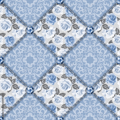 Seamless blue decorative pattern with roses and chains