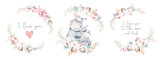 Fototapeta Fototapety na ścianę do pokoju dziecięcego - Watercolor cute cartoon illustration with cute mommy hippo and baby, flower leaves wreath. Mother and baby illustration design. Tropical mom and kid