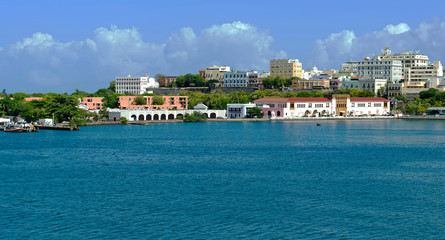 Sea view of the sunlit coastline of San Juan, Puerta Rico