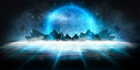 Wall Mural - futuristic night landscape with abstract landscape and island, moonlight, shine. dark natural scene 