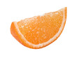 Slice of a ripe orange isolated on white background with copy space for text or images. Fruit with juicy flesh. Side view. Close-up shot.
