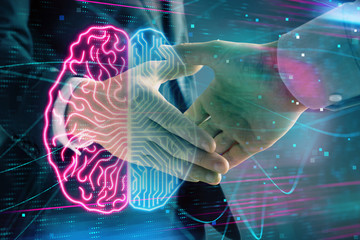 Wall Mural - Multi exposure of human brain drawing on abstract background with two men handshake. Concept of data technology in business