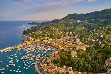 Panoramic aerial view of the resort town of Santa Margherita Ligure, Italy. Coastline, boats on the water