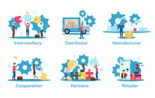 Business Model Flat Vector Illustrations Set. Intermediary. Distributor. Manufacturer. Cooperation. Partners. Retailer. Trading Strategies. Isolated Cartoon Characters