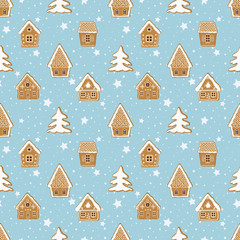 Christmas background. Seamless winter pattern. Gingerbread village. There are gingerbread houses and fir trees on a blue background. Greeting card template. Vector