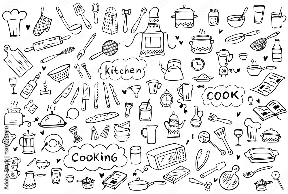 Set of doodle kitchen tools on white background. Doodle kitchen equipments. Vector illustration. Can be used for wallpaper, pattern fills, textile, web page background, surface textures. - obrazy, fototapety, plakaty 