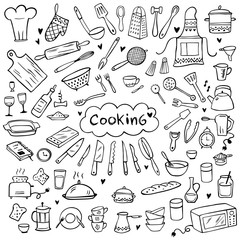 Set of doodle kitchen tools on white. Vector illustration. Perfect for wallpaper, pattern fills, textile, web page background, surface textures.