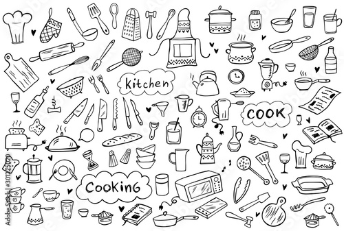 Fotografía Set of doodle kitchen tools on white background