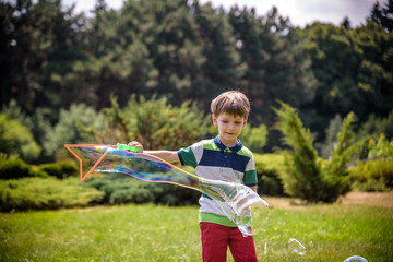 Wall Mural - Little boy playing with his soap bubbles toy in the park. Child activity. Springtime concept