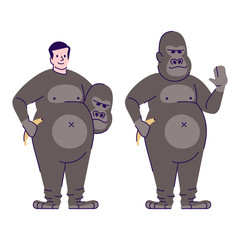 Sticker - Man dressed in gorilla costume flat vector illustration. Person dressing like animal. Guy in Halloween party outfit cartoon character with outline elements isolated on white background