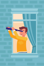 Man Looking Through Telescope In Window Illustration Isolated On Blue Background