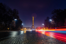 Victory Column At Night, Berlin At Night, City At Night, Cars And Blur Motion, Rainy Weather In Berlin, Lens Flare, Rains Drops On Lens, Light Trails