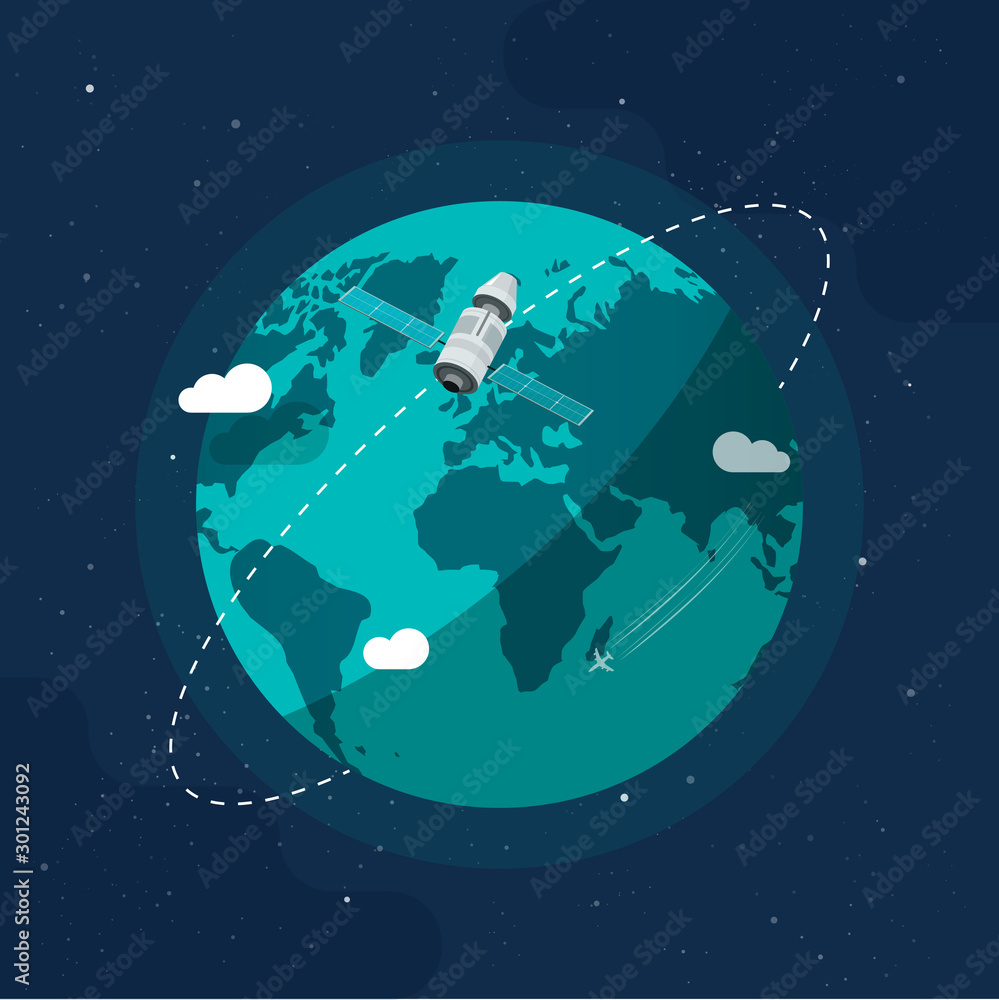 Earth in outer space vector illustration, flat cartoon satellite space ship flying around planet world, orbit station flight in cosmos or universe closeup image - obrazy, fototapety, plakaty 