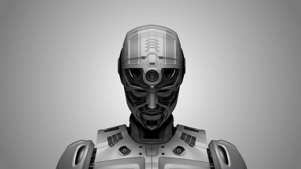3d rendering of a very detailed futuristic robot or humanoid cyborg being activated or switched on while the camera with the light slowly approaches. Isolated on gray background.