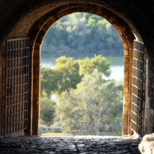 View Through One Of The Gates, Made In Brick And Stone Wall, On Kalemegdan Fortress, Belgrade, Serbia 