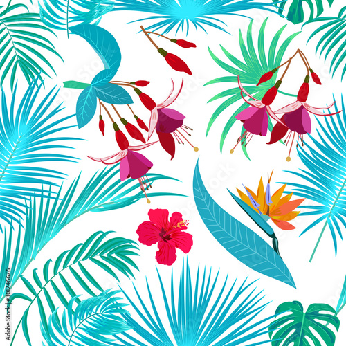 Tapety Turkusowe tropical-jungle-turquoise-palm-leaves-seamless-pattern-vector-background