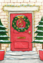 Watercolor Red Winter Door On A Brick Wall Background And With Snowy Fir Trees With Place For An Inscription Isolated On A White Background.