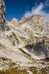 View towards Škrlatica peak covered in fog