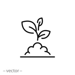 Wall Mural - growth plant icon, outline flower leaf, nature, environment, seedling in the soil, thin line web sym