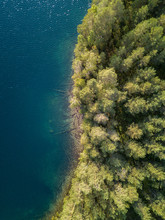Aerial Shoreline View Of Forest Lake With Clear Water