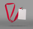 Plastic badge. ID card with red ribbon. Template designed for employees and guests of company. Can be used for show, events, concerts and performances. Or for speakers and organizers.