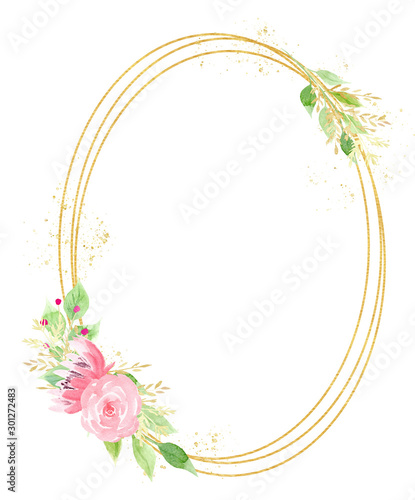 Blossoming flowers frame watercolor hand drawn raster illustration