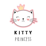 Fototapeta Dinusie - Cute kitty princess, girlish print for t-shirt. Isolated illustration on a white background.