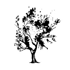 Tree in Japanese style vector illustration. Nature creative oriental ink drawing. Botanical design element isolated on white. Stylized tree silhouette with decorative black paint splashes