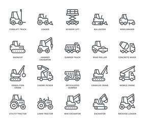 Industrial Vehicles Icons,  Monoline concept The icons were created on a 48x48 pixel aligned, perfect grid providing a clean and crisp appearance. Adjustable stroke weight. 