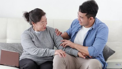 Wall Mural - Asian mother and son lifestyle in living room