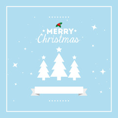 Sticker - merry christmas poster with pine trees and ribbon vector illustration design