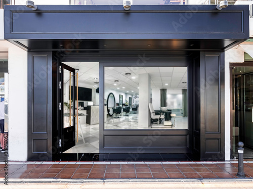 Cuadros en Lienzo Outdoor mockup,store template,front view black of generic store facade with windows display and blanck posters