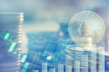 Financial investment concept, Double exposure of city night and stack of coins for finance investor, Forex trading candlestick chart, Cryptocurrency Digital economy.	