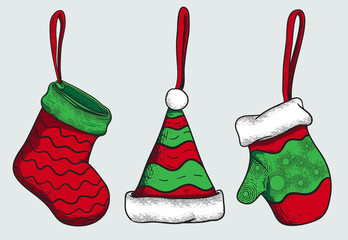 Sticker - Christmas ornament with sock, hat, and glove