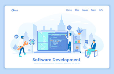 Wall Mural - software application development and programming. programmers team working with program code on the 