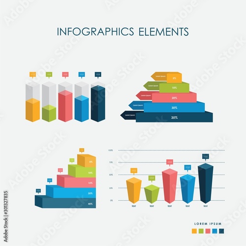 Fotografía Bar Chart 3D Infographics Elements Vector Set, Flat Design, Full Color, Template