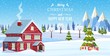© Rogatnev - Suburban house covered snow. Building in holiday ornament. Christmas landscape tree spruce, snowman. Happy new year decoration. Merry christmas holiday. New year xmas celebration. Vector illustration