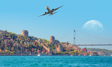 Airplane Flying Above The Rumeli Hisari (fortress) In To Bosphorus Sea , Istanbul, Turkey  "Elements Of This Image Furnished By NASA "