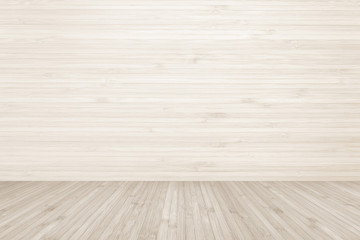 Wall Mural - Wood floor and wall background, wooden texture room backdrop of light cream sepia brown color