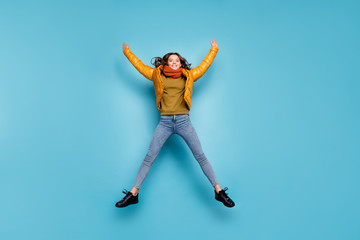 Wall Mural - full length photo of amazing funny lady jumping high enjoy weekend making star shape figure wear sty